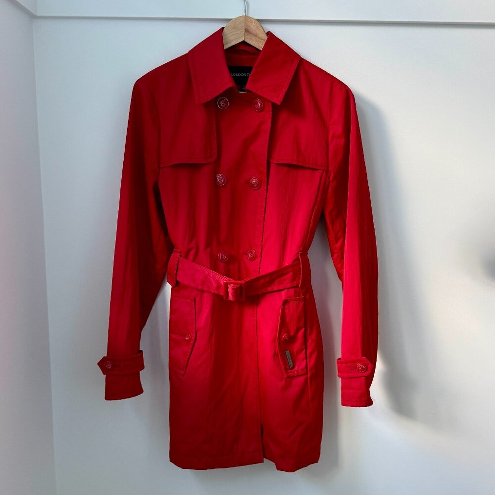 London Fog Red Belted Rain Trench Coat 12 Reg Double Breasted